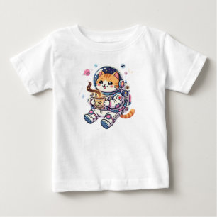 T-shirt Pour Bébé Chat Astronaute Mignon Buvant du Café Dans l'Espac