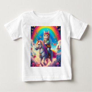 T-shirt Pour Bébé Chat chevauchant une licorne avec des arcs-en-ciel