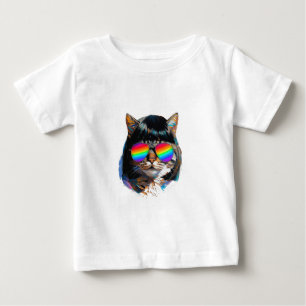 T-shirt Pour Bébé Chat dans une perruque + Lunettes de soleil (Peint