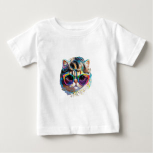 T-shirt Pour Bébé Chat dans une perruque + Lunettes de soleil (Peint