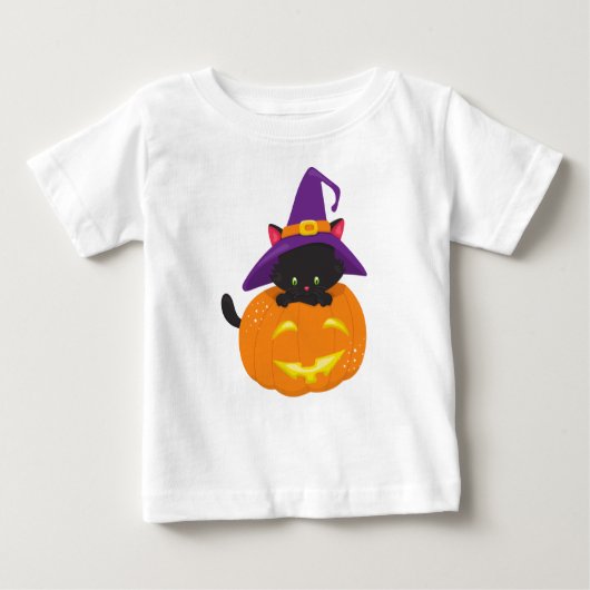 T-shirt Pour Bébé Chat d'Halloween, Chat noir, Casquette de sorcière (Devant)