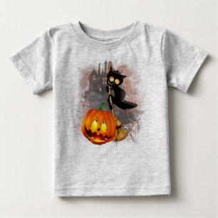 T-shirt Pour Bébé Chat effrayé par Citrouille Fun Halloween caractèr