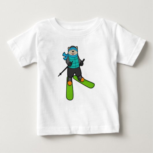 T-shirt Pour Bébé Chat en Skier avec Ski (Devant)