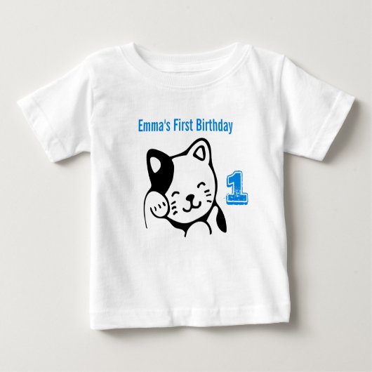 T-shirt Pour Bébé Chat Kitty noir et blanc agitant Bonjour Anniversa (Devant)