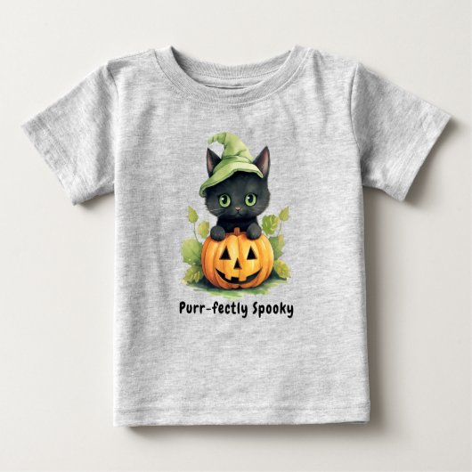 T-shirt Pour Bébé Chat noir Halloween Citrouille Cute Éffrayante (Devant)