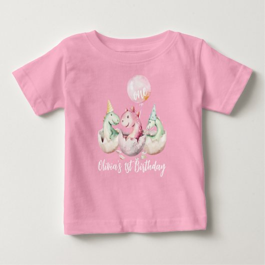 T-shirt Pour Bébé Chemise 1er anniversaire de dinosaure rose (Devant)