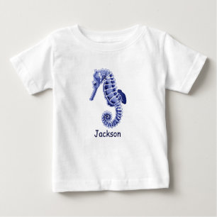 T-shirt Pour Bébé Cheval de mer bleu et blanc