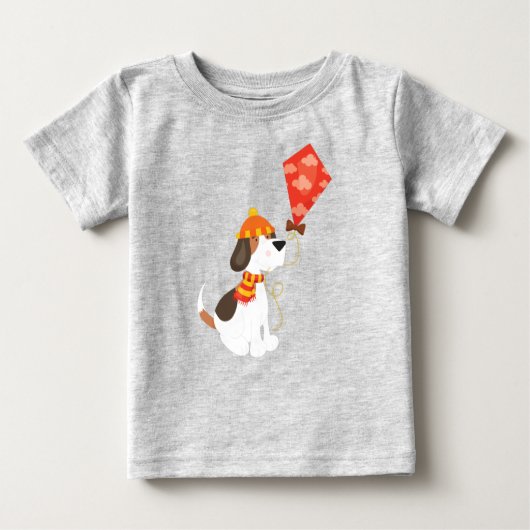 T-shirt Pour Bébé Chien d'automne, Chien mignon, Chien avec cerf-vol (Devant)