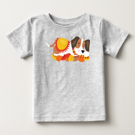 T-shirt Pour Bébé Chien d'automne, Chien mignon, Chien couché, Feuil (Devant)