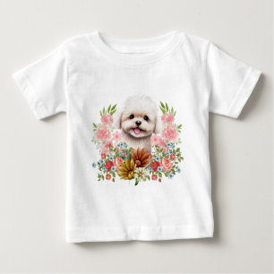 T-shirt Pour Bébé Chien maltais aux fleurs, Chien maltais mignon