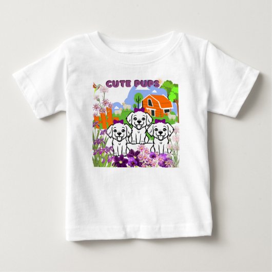 T-shirt Pour Bébé Chiots Et Fleurs (Devant)