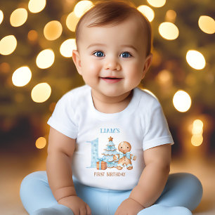 T-shirt Pour Bébé Christmas Blue Gingerbread Homme Nom 1er anniversa