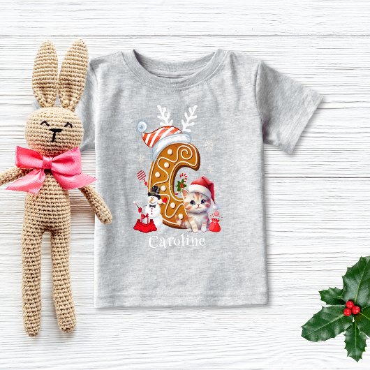 T-shirt Pour Bébé Christmas Kitten Gingerbread Nom Lettre C Girl