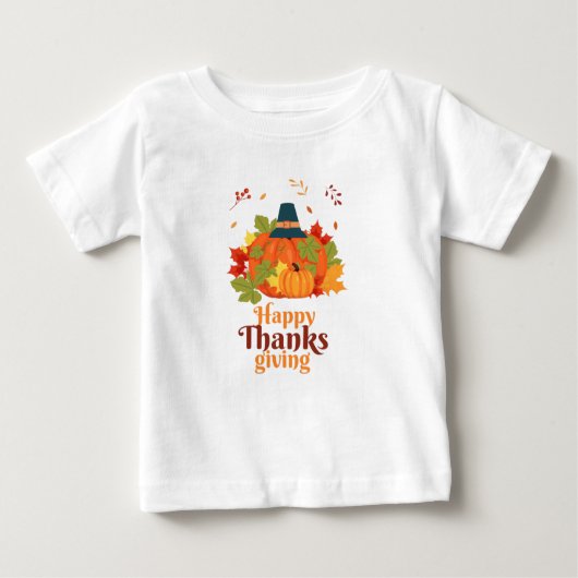 T-shirt Pour Bébé Citrouille bon thanksgiving avec Casquette et Feui (Devant)