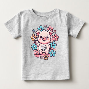 T-shirt Pour Bébé Cochon mignon avec la paix Signal & Fleurs à thème