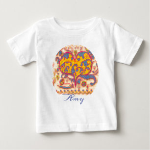T-shirt Pour Bébé Coeur d'art populaire avec feuilles, fleurs & nom