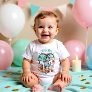 T-shirt Pour Bébé Cœurs doux Petit Dino Anniversaire Personnalisé