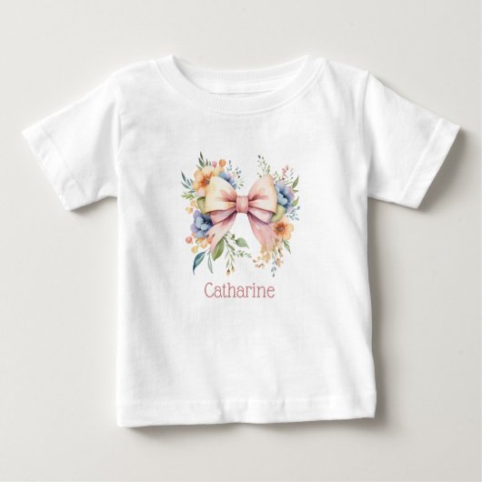 T-shirt Pour Bébé Coquette Monogramme Bow rose Aquarelle Fleurs (Devant)