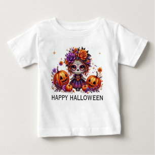 T-shirt Pour Bébé Crâne à sucre mignon avec Jack-O-Lanterns et Fleur