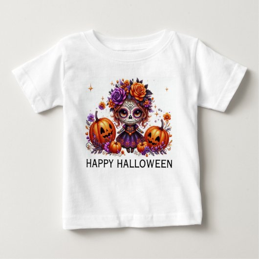 T-shirt Pour Bébé Crâne à sucre mignon avec Jack-O-Lanterns et Fleur (Devant)