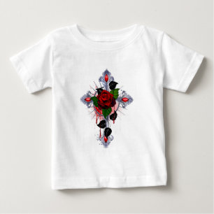 T-shirt Pour Bébé Croix d'argent avec une rose rouge