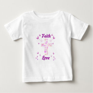 T-shirt Pour Bébé Croix de foi et d'amour des Roses avec papillon ro