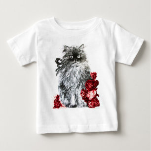T-shirt Pour Bébé CUISINE CAT, CUISINE AVEC ROSES ROUGES, Noir et Bl