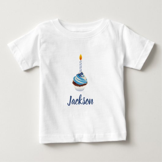 T-shirt Pour Bébé Cupcake bleu avec bougie d'anniversaire et nom (Devant)