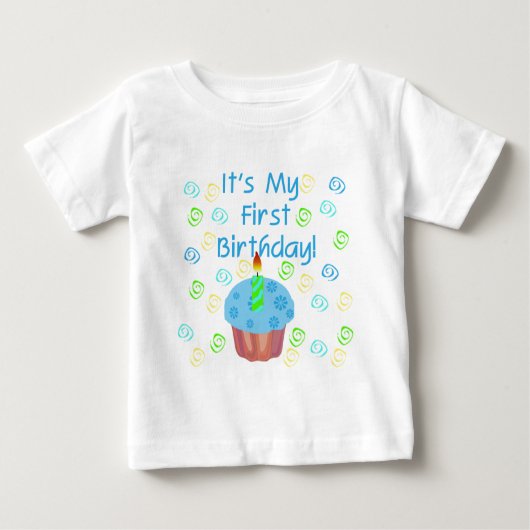 T-shirt Pour Bébé Cupcake bleu avec bougie Premier anniversaire (Devant)
