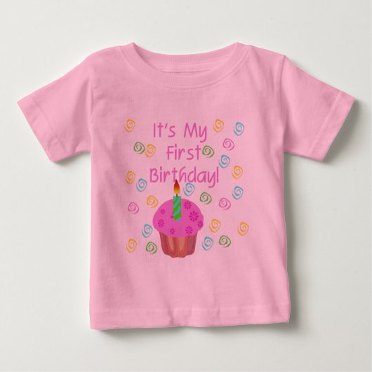 T-shirt Pour Bébé Cupcake Rose Avec Bougie Premier Anniversaire (Devant)