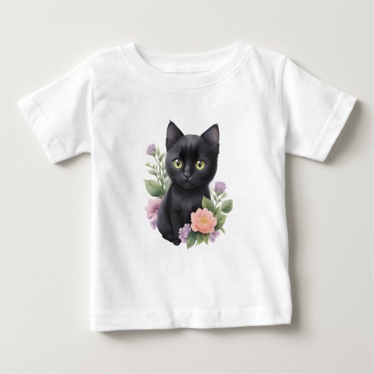 T-shirt Pour Bébé Cute Black Chat Floral Whimsical (Devant)