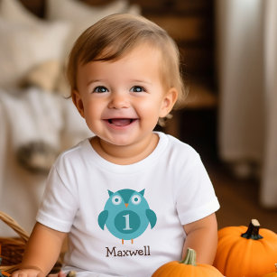 T-shirt Pour Bébé Cute Blue Owl Nom du garçon Première fête d'annive