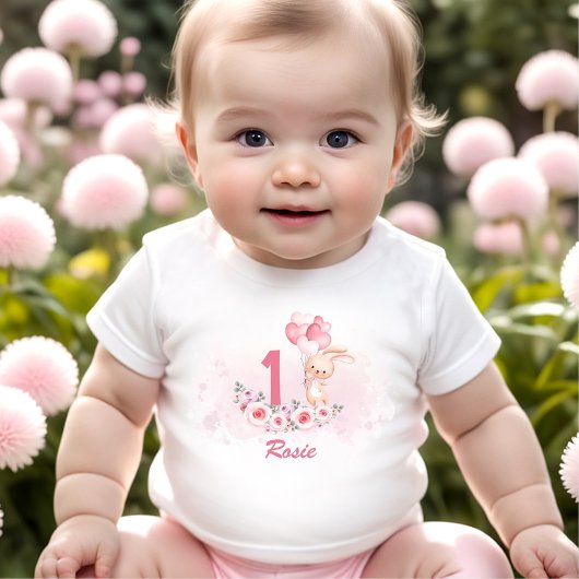 T-shirt Pour Bébé Cute Bunny rose 1er Anniversaire Nom Floral Printe
