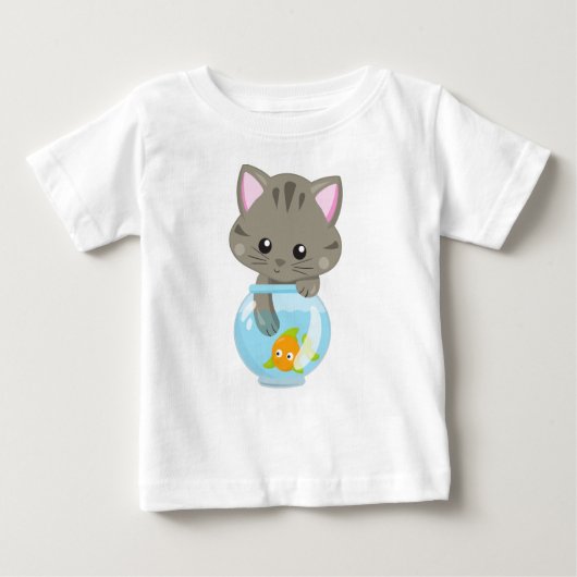 T-shirt Pour Bébé Cute Chat, Petit Chat, Kitty, Kitten, Poisson Bowl (Devant)