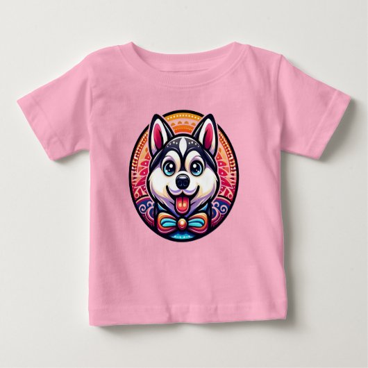 T-shirt Pour Bébé Cute Husky illustrée en style mandala (Devant)