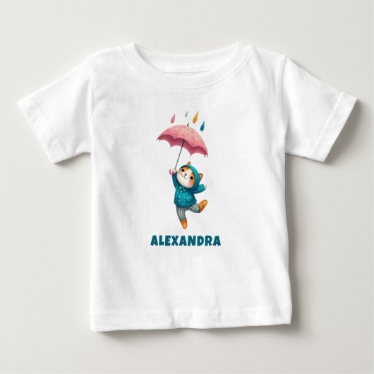 T-shirt Pour Bébé Cute Kitten avec parapluie dansant dans la pluie (Devant)