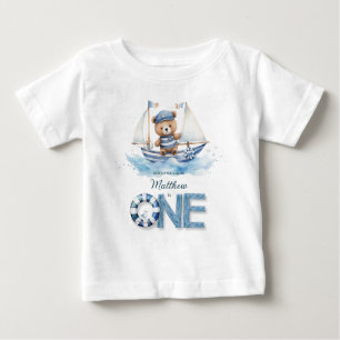 T-shirt Pour Bébé Cute Nautical Blue Boat Teddy Bear 1er anniversair