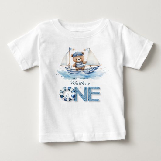 T-shirt Pour Bébé Cute Nautical Blue Boat Teddy Bear 1er anniversair (Devant)