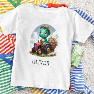 T-shirt Pour Bébé Cute Trex Dinosaur conduisant un tracteur rouge
