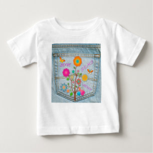 T-shirt Pour Bébé Denim Back Fleurs de poche Paix Aimer Espoir