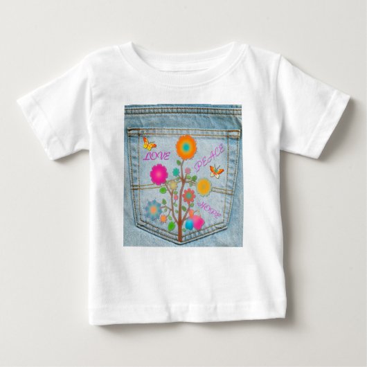 T-shirt Pour Bébé Denim Back Fleurs de poche Paix Aimer Espoir (Devant)