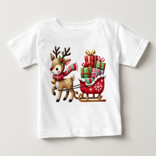 T-shirt Pour Bébé Design de Noël adorable Reindeer et Sleigh (Devant)