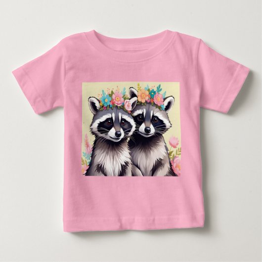 T-shirt Pour Bébé Deux Racons Adorables Dans Les Couronnes Fleurs (Devant)