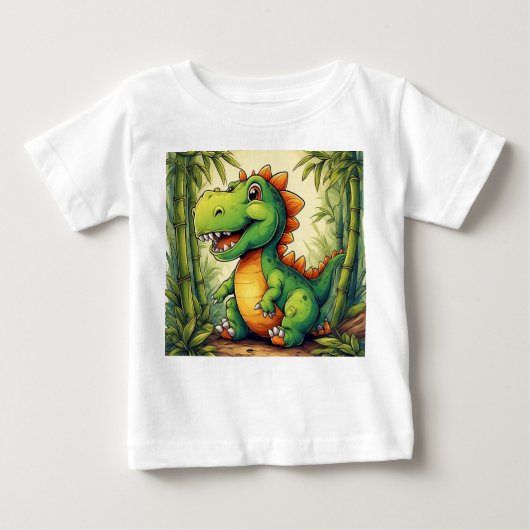 T-shirt Pour Bébé Dinosaure de dessin adorable dans la jungle verte (Devant)