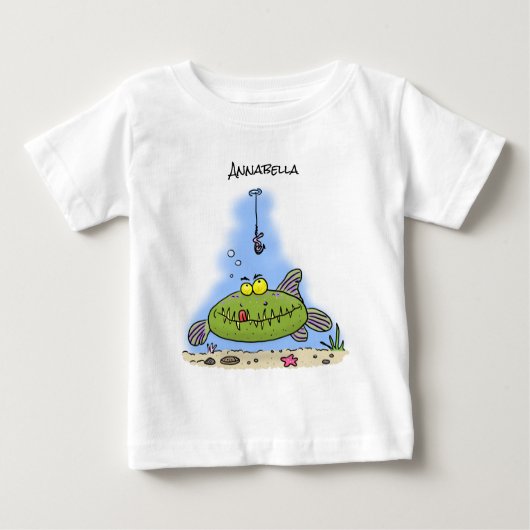 T-shirt Pour Bébé Drôle gras affamé poisson vert dessin de pêche (Devant)