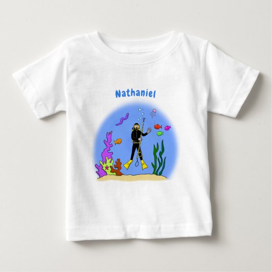 T-shirt Pour Bébé Drôle plongeur et poisson mer créatures dessin ani (Devant)