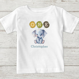 T-shirt Pour Bébé Éléphant 1er Anniversaire un avec nom bleu
