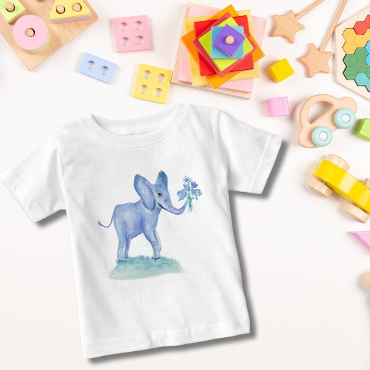 T-shirt Pour Bébé Éléphant Bleu à l'Aquarelle Avec Fleurs
