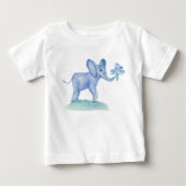 T-shirt Pour Bébé Éléphant Bleu Aquarelle Avec Fleurs (Devant)