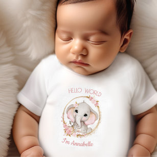 T-shirt Pour Bébé Eléphant mignon Fleurs roses Nom Fille